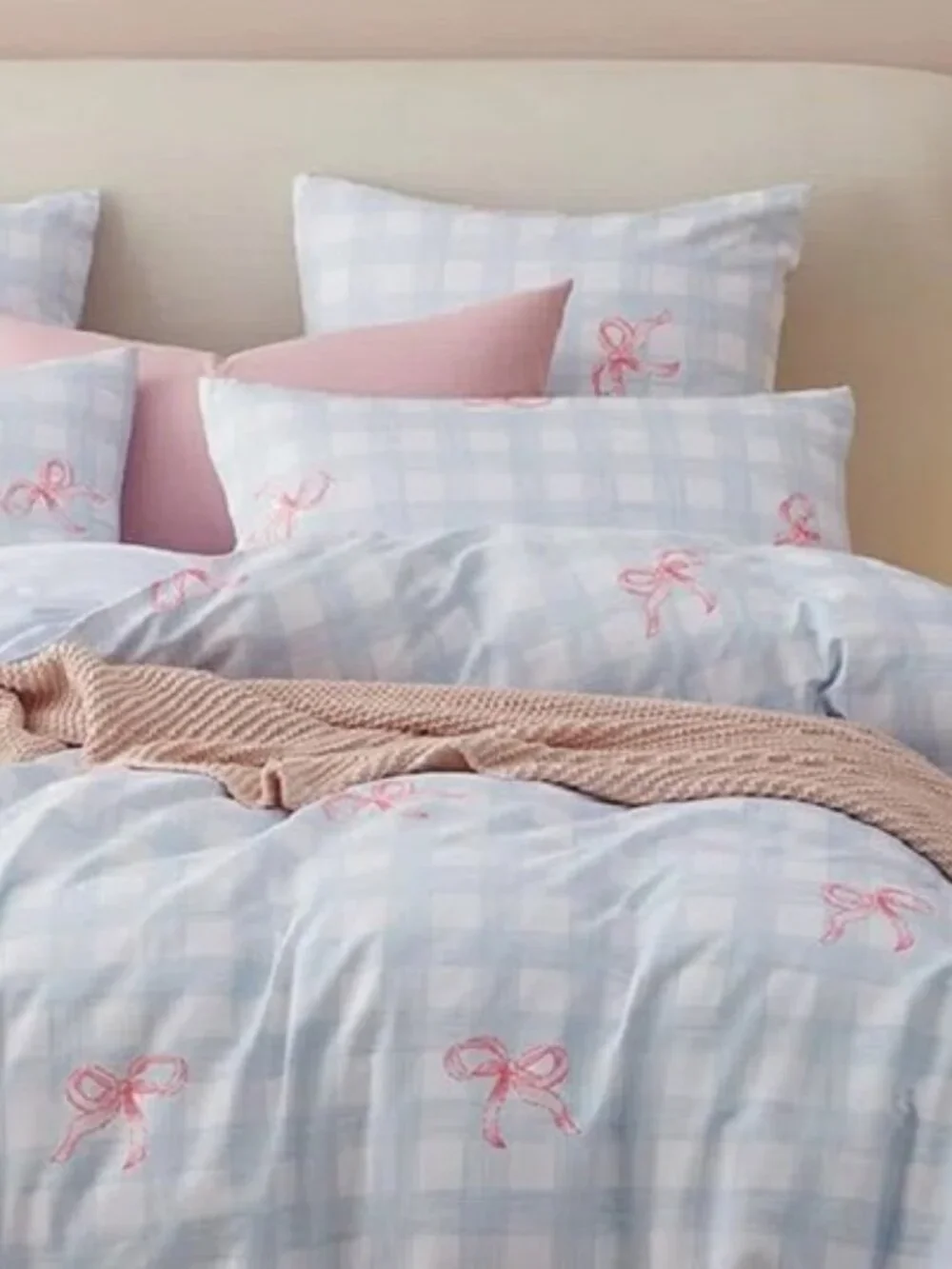 King Duvet Cover Set w/2 King Shams- Pink Bowknot And Blue Printed NEW